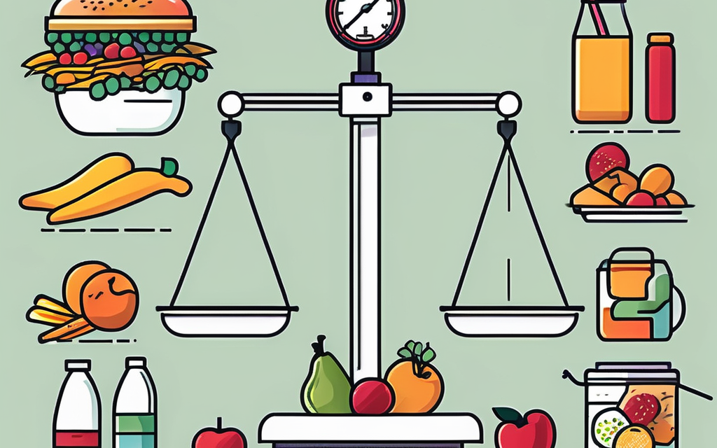 Draw an illustration of a balanced scale with various food items on one side representing unhealthy choices