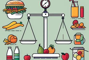 Draw an illustration of a balanced scale with various food items on one side representing unhealthy choices